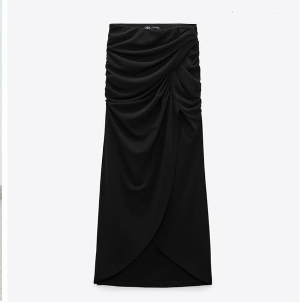 Black Ruched Wrap Midi Skirt
